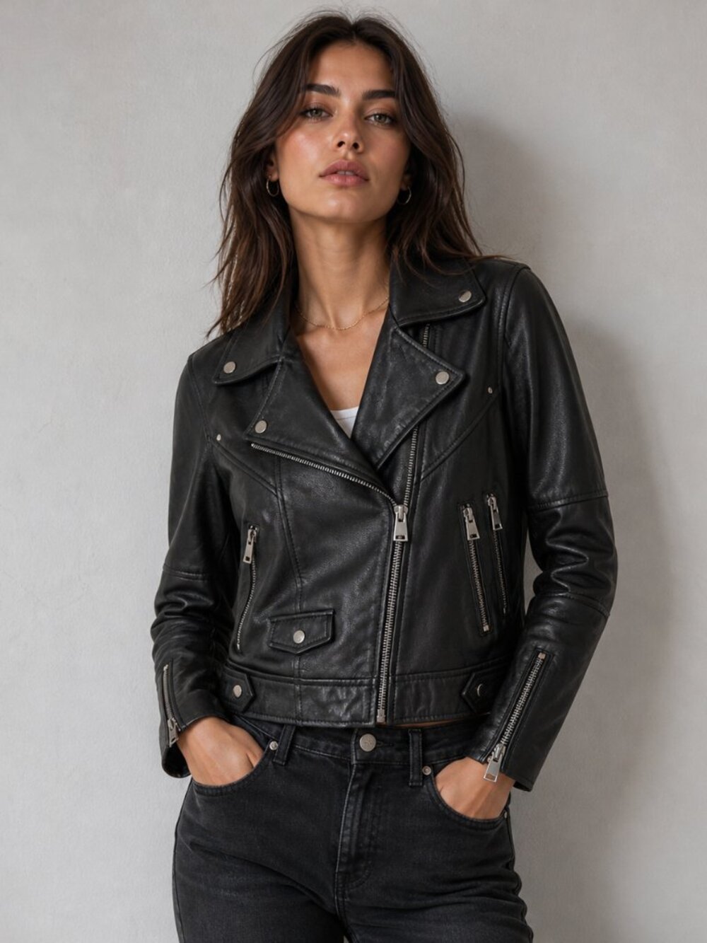 Zara Black Leather Moto Biker Jacket Size XS
